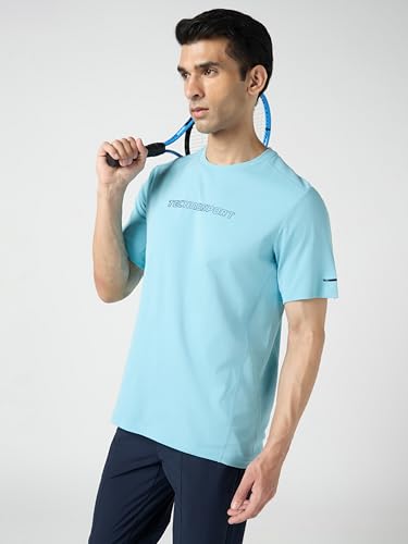 Image of TECHNOSPORT Men's Printed Slim Fit Henley Neck T-Shirt ELASTOLITE Half Sleeve Slip On Polyester for Gym Running Workout UPF50+ Anti Odour