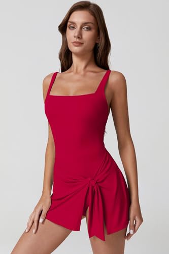 Image of QINSEN Square Neck Swim Dress for Women Tummy Control One Piece Swimsuit Wrap Bathing Suit