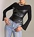 Women Black Pu Leather Splicing Tank Top Ruched Y2k Wrap Shirt Vintage Long Trumpet Sleeve Asymmetrical Tees Blouse