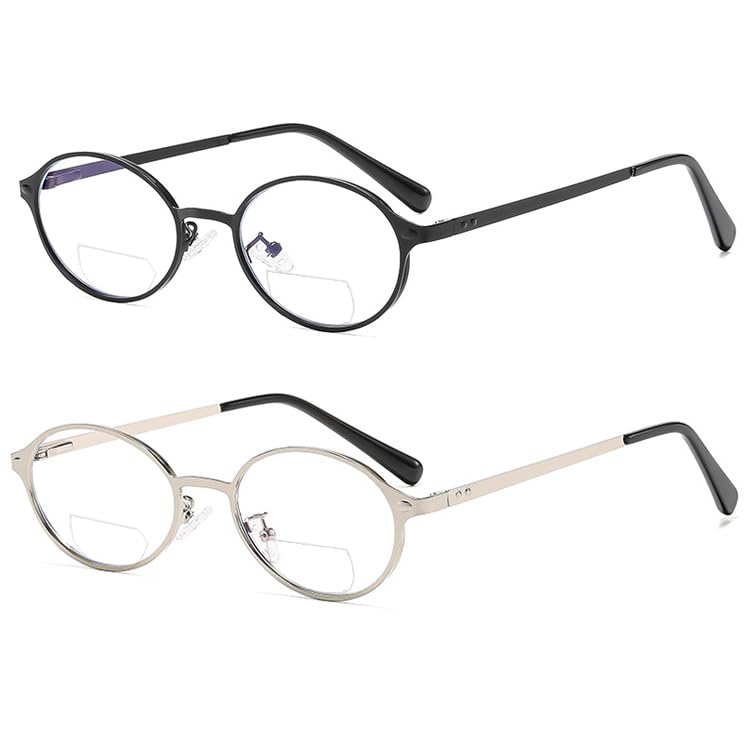 bullabulling Retro 2pcs Oval Bifocal Reading Glasses Women Metal Frame Nerd Blue Light Glasses, Vintage Computer Glasses