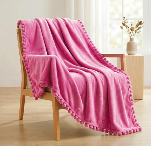 Image of BSB HOME 280 GSM Pom Pom Blanket, Ultra Soft Plush Fleece Throw Blanket with Pom Pom Fringe, Cozy Lightweight Warm Blanket for Sofa, Couch, Bed, Skin Friendly & Easy Care, 45 x 60 Inches - Rose Pink