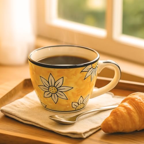 Image of KITTENS Ceramic Coffee Mug - 375ml | Yellow Floral Hand-Painted Design | Microwave & Dishwasher Safe | Food Grade | Tea, Coffee, Milk Mug for Home, Office, Daily Use & Gifting - Made in India