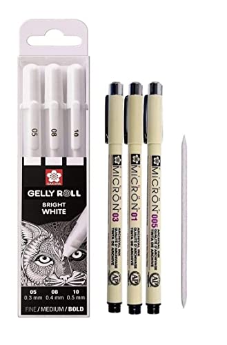 Sakura Pigma Micron & Gelly Roll Stifte Set – 3 Weiße Gelstifte (0.5/0.8/1.0 Mm) + 1 Fineliner 0.05 Mm