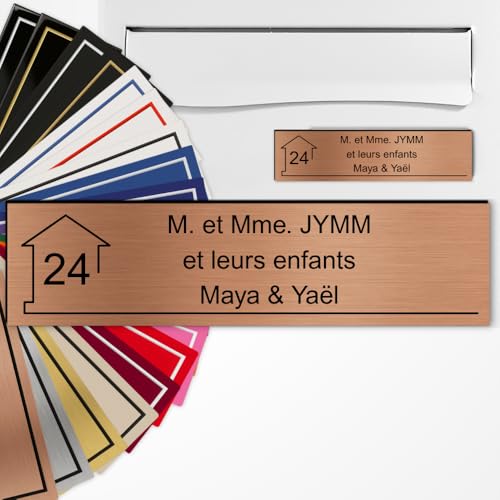 Placa de buzón personalizada, 10 x 2,5 cm, adhesivo de PVC, grabado láser, 22 colores, con o sin patrón (cobre cepillado texto negro)