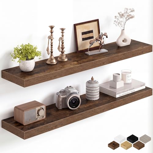Image of Fun Memories 40Inch Floating Shelves for Wall, 8 Inch Deep Shelves for Bathroom|Bedroom|Kitchen, Large Wall Mounted Wood Hanging Shelf with Invisible Brackets for Home Storage Decor, Brown - 2 Pack