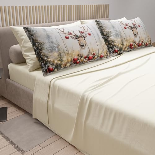 PETTI Artigiani Italiani - Lenzuola in Cotone con Federe in Stampa Digitale di Natale, Lenzuola Natalizie Una Piazza, Completo Letto Singolo Natalizio, Renna Panna, 100% Made in Italy - Immagine 1