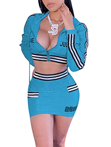 WUSENST Womens Sparkle Sexy 2 Piece Outfits Zip-up Long Sleeve Crop Top Hoodie Bodycon Mini Skirt Clubwear