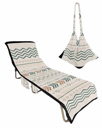 Boho Beige Beach Chair Towel Covers for Chaise Lounge with Side Pocket, Soft Plush Pool Towels Cover for Patio Sunbathing Outdoor 29''x85'' Bohemia Flower Geometric Modern Stripes
