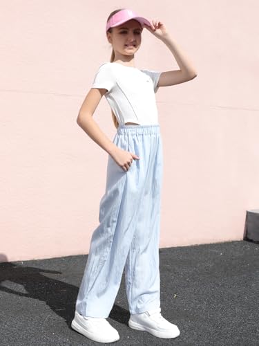 Image of SANGTREE Girls & Woman Wide Leg Pants Lightweight Casual Elastic High Waist Straight Leg Loose Trousers,4 Years - Woman 2XL