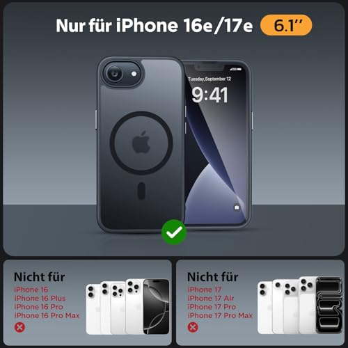 Miracase für iPhone 17e Hülle & iPhone 16e Hülle für Magsafe [mit 2 9H+ Panzerglas][TOP Militärschutz & Magnetkraft] Stoßfest mit Samtiger Haptik Handyhülle für iPhone 17e/16e 6,1\, Matt-Schwarz