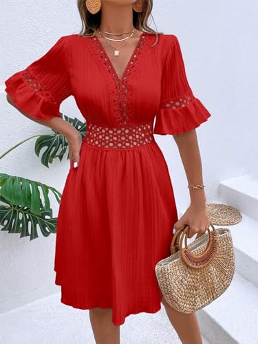 Image of Womens Summer Dresses V-Neck Lace Insert Flounce Casual Lightweight Sleeve Midi Dresses for Women 2025 Trendy