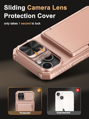 Image of Vihibii for iPhone 15, iPhone 14, iPhone 13 Back Cover Wallet with Card Holder (4 Cards) [RFID Blocking] & Slide Camera Cover & Raised Edges Protect Screen, Shockproof Rugged Case, 6.1 inch, Rose Gold