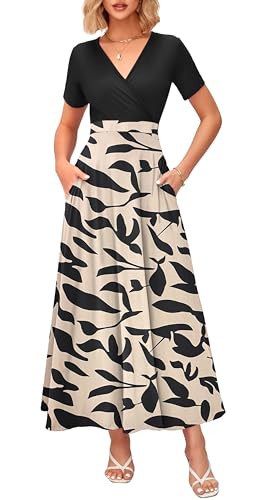 Image of WNEEDU Women's Summer Maxi Dress Short Sleeves Wrap V Neck Long Dresses with Pockets