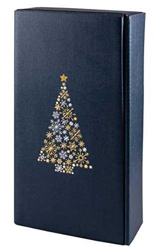 5 Stück - 2er Weingeschenkkarton Weihnachten, Leinenoptik Blau mit Tannenbaum Cover