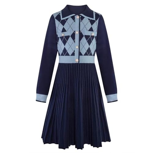 Seanrui Girls Sweater Dresses Long Sleeve Knit Button Front Casual Fall Winter Dress for Teen 5-14 Years Blue 13-14 Years