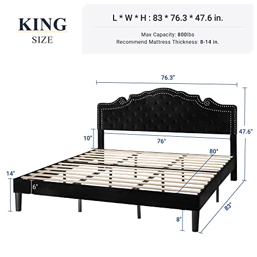 Allewie King Bed Frame With Velvet Tiara Headboard, Upholstered Diamond Button Tufted Platform Bed, Sturdy Wood Slats Support, No Box Spring Needed, Mattress Foundation, Easy Assembly, Black #TOP22