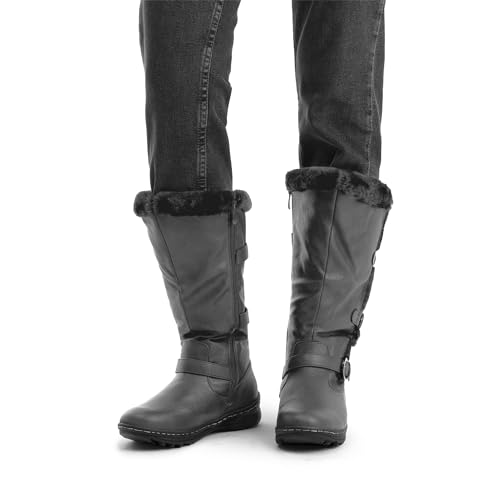 Dream Pairs Women'S Winter Fully Fur Lined Triple Buckle Ruched Snow Knee High Boots Grey Pu-Sz-9 thumb #5