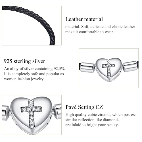 Image of Genuine Black Leather Woven Bracelet with 925 Sterling Silver Heart Cross Clasp Bead Bracelet for Pandora Charms Beads