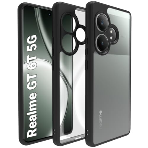 Image of RIGGEAR Shockproof Sleek Hybrid Armor Back Cover Case Compatible with Realme GT 6, Realme GT 6T 5G (Clear PC + Black TPU Bumper)