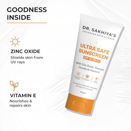 Image of DR. SAKHIYA'S Sunscreen For Broad Spectrum, UVA UVB & Blue Light Sun Tan Protection Non-Sticky, Non Greasy, Waterproof, No White Cast - 50gm (Ultra Safe Sunscreen SPF 50 PA+++)