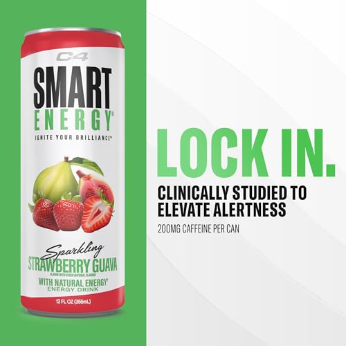 Image of C4 Smart Energy Drink - Sugar Free Performance Fuel & Nootropic Brain Booster, Coffee Substitute or Alternative | Strawberry Guava 12 Oz - 12 Pack