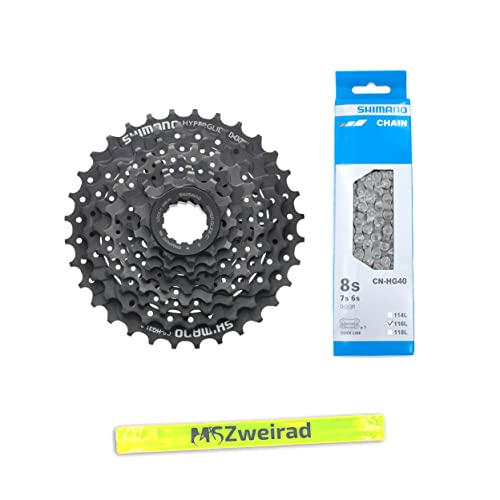 MSZweirad Shimano CS-HG31 - Kit de desgaste (8 compartimentos, cadena a juego CNHG40, gradación a elegir entre 11-30, 11-32, 11-34, incluye cinta reflectante (11-30 dientes)