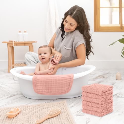 Image of Comfy Cubs Muslin Baby Washcloths 6 Pack - Soft 6-Layer Cotton Wash Cloths for Sensitive Skin - 10 inchx10 inch Large, Gentle, Absorbent Infant Essentials for Newborn and Toddlers - Bold Blush