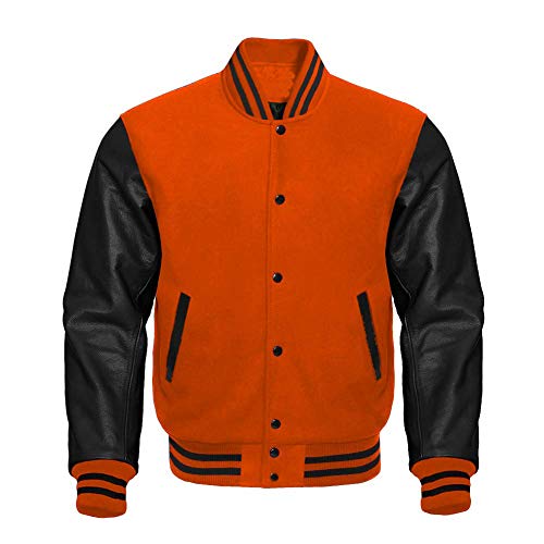 Image of CHICAGO-FASHIONS Mens Orange Bomber Jacket - Black School Teen College Letterman Varsity Jacket