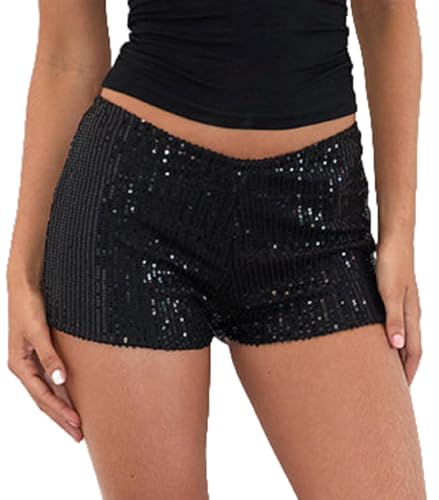 Women Y2k Sequin Micro Shorts Low Rise Bodycon Sparkly Mini Shorts Sexy Going Out Bottoms Rave Party Clubwear(Black S)