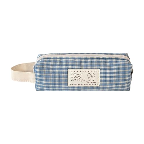 Image of Monolike Unmatched Friends Fabric Check Block Pencil Case, Vintage sky - Aesthetic Gingham Pastel Desk Organizer, Soft Padded Makeup Brush Case, Trendy Minimalist Stationery Pouch
