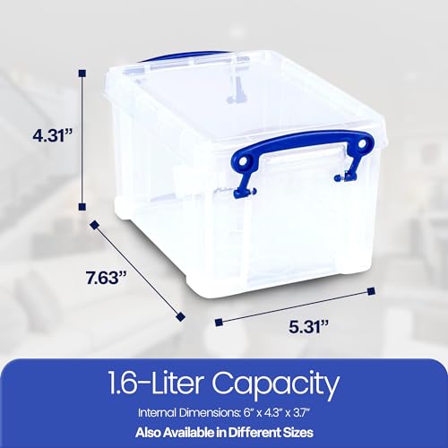 Image of Really Useful Box 1.6 Liter Plastic Stackable Storage Container, 4 Pack | Bin with Snap Lid & Built-In Clip Lock Handles for Home or Office Organization