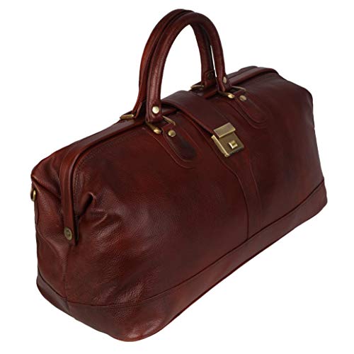 Full Grain Leather Duffel Luggage Travel Bag For Men And Women Travelling Holiday Overnight Weekend Cabin Duffel Foldable (Brown)