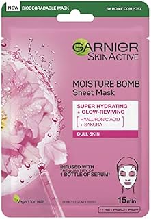 Garnier Moisture Bomb Pomegranate and Hyaluronic Acid Sheet Mask, Super Hydrating & Replumping Face Mask, For Dehydrated Skin, Biodegradable and Vegan Tissue, 28g