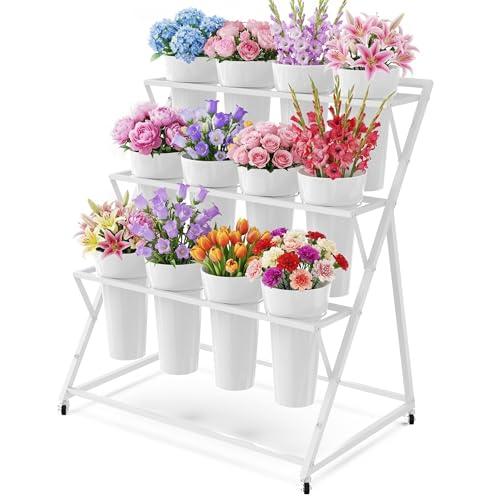 Aseem Flower Display Stand with 12 Buckets Metal Flower Bar Stand 3 Layer Heavy Duty Flowers Cart Display with Wheels Moving Florist Bouquet Shelf for Indoor Outdoor Patio Decor Terrace Wedding White