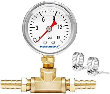 MEASUREMAN Fuel Pressure Gauge Kit 0-15Psi Stainless Steel Glycerin Filled, 1-1/2" Dial Size, with 5/16" Fuel Line Fuel Pressure Brass T-Fitting Adapter, Lower Mount