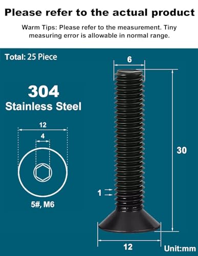 Drenky Black Socket Countersunk Screws M6 X 30mm 304 Stainless Steel Hex Socket Countersunk Bolts DIN 7991 / ISO 10642 Machine Screws Rustproof Flat Head Hex Socket Cap Screws (Pack of 25) - Image 2