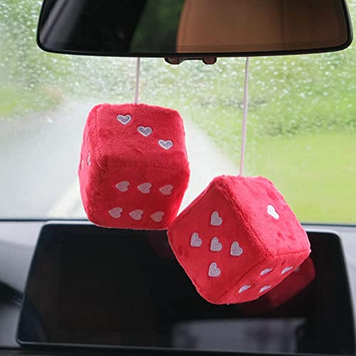 Pair 3” Fuzzy Plush Dice Heart Shape Decor For Car Rearview Mirror, Retro Square Decoration Dice For Car Hanging Accessories (Blue) #TOP3