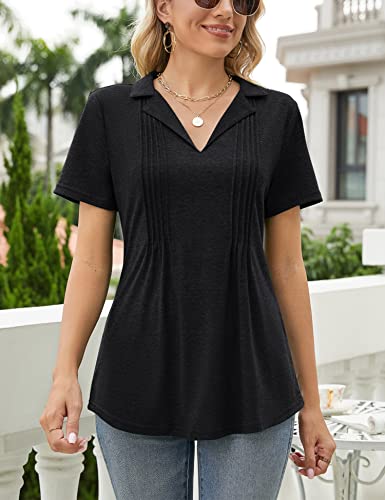 Women's Fashion Business Casual Tops Women Short Sleeve Polo Shirts Summer V Neck Collared Work Loose Blouse Black Xxl #TOP3