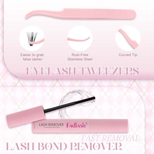 FADLASH DIY Lash Extension Kit Individual Lash Clusters with Lash Bond and Seal Clusters Lash Glue Remover and Eyelash Tweezers for Beginners (40D-0.07D, 8-16mm, Kit)