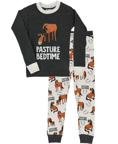 Lazy One Warm Long-Sleeved Kids' Pajamas for Girls and Boys, Funny Kids' Pajama Sets, Cozy, Comfy, Horse, Past Your Bedtime (Pasture Bedtime Grey, 6)