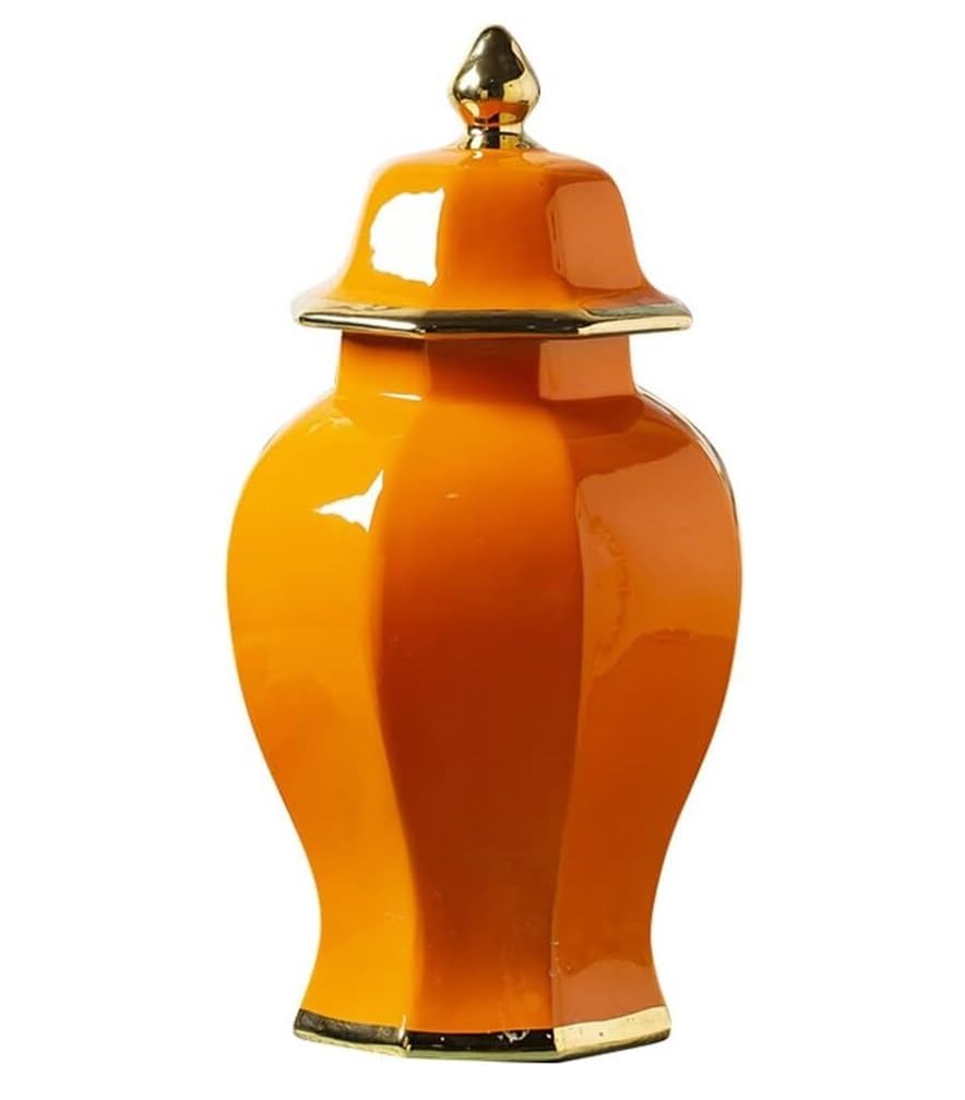 CVdrtyED Home Decor Ceramic Orange Ginger Jar With Lid, Exquisite Beautiful Decorative Porcelain Jars Temple With Lids Ginger Jar(A,21 * 40cm)