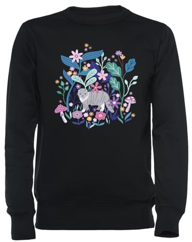 Sweat-shirt noir imprimé chat dans le jardin vêtement unisexe décontracté