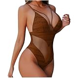 Yxzogd Women Sexy Mesh One Piece Swimsuits Tummy Control Bathing Suit Backless Spaghetti Strap Swimwear Bikini Beachwear Coffee