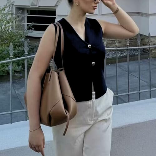 Image of FindThy Women's Cropped Knit Vest V Neck Button Up Solid Color Sleeveless Gilet Tank Tops