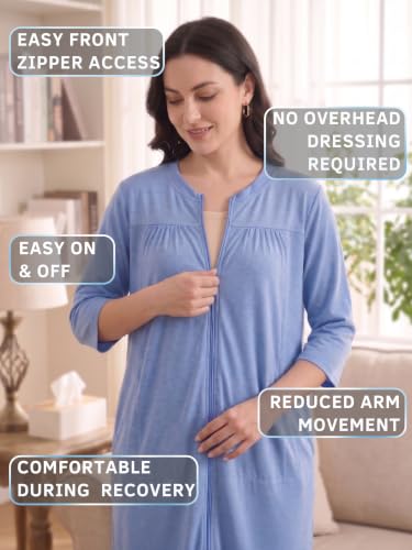 Image of Women's Post Surgery Robe with Drain Pockets Mastectomy Recovery Robe Front Zipper Hospital Gown Pajamas Gift