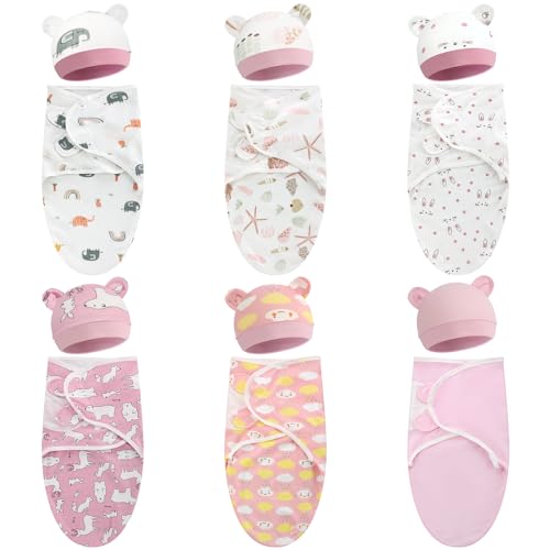Image of VitalCozy 6 Pack Preemie Swaddle Blanket Wrap with Hat Set Cotton Baby Swaddle Wrap Hat Set for Preemie Newborn Boys Girls (Pink Series,for 3-7 Lbs)