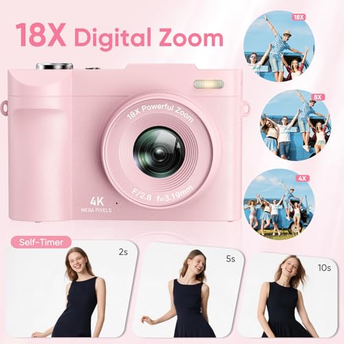 Image of 4K Digital Camera for Photography- 50MP Autofocus Vlogging Camera with 2.8 inch 180Flip Screen, 18X Digital Zoom- Compact Point and Shoot Camera with 32GB TF for YouTube, Travel, Beginners, Pink