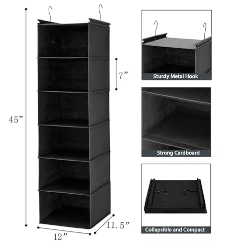 Image of MAX Houser 6 Tier Shelf Hanging Closet Organizer, Closet Hanging Shelf with 2 Sturdy Hooks for Storage, Foldable (Black)