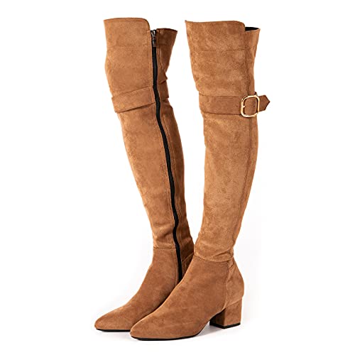 Over The Knee Boots Women Chunky Suede Brown Winter Low Heel Buckle Comfort Pointed Toe Long Boots Fashion Autumn Size 8(Buckle 2 Inch Brown, Numeric_8) #TOP20