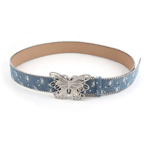 Y2K Women's Belt Metal Butterfly Buckle Beads Chain Denim Sequin Waist Belts for Women Girl Dress Jeans Pants Blouse Tshirt (Blue)